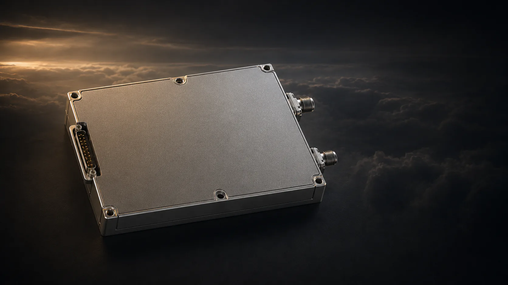 Counter-UAS high-frequency radar module above a dark cloud layer.