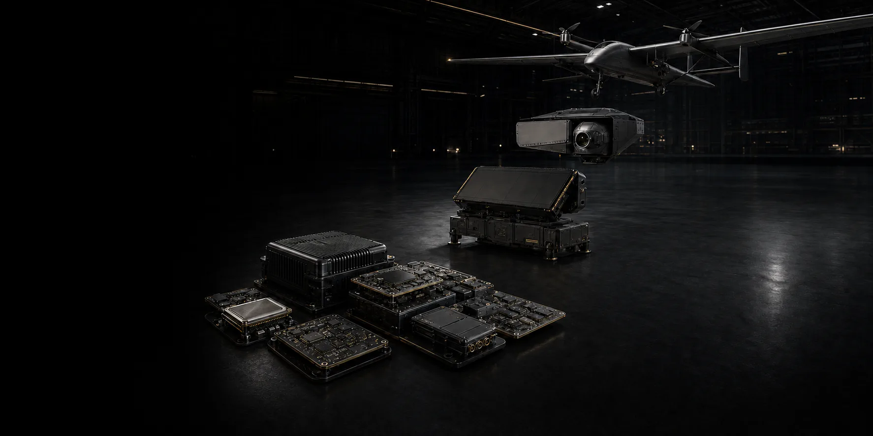 Conceptual unmanned aircraft, electro-optical sensor, radar system and RF components in an integration hangar