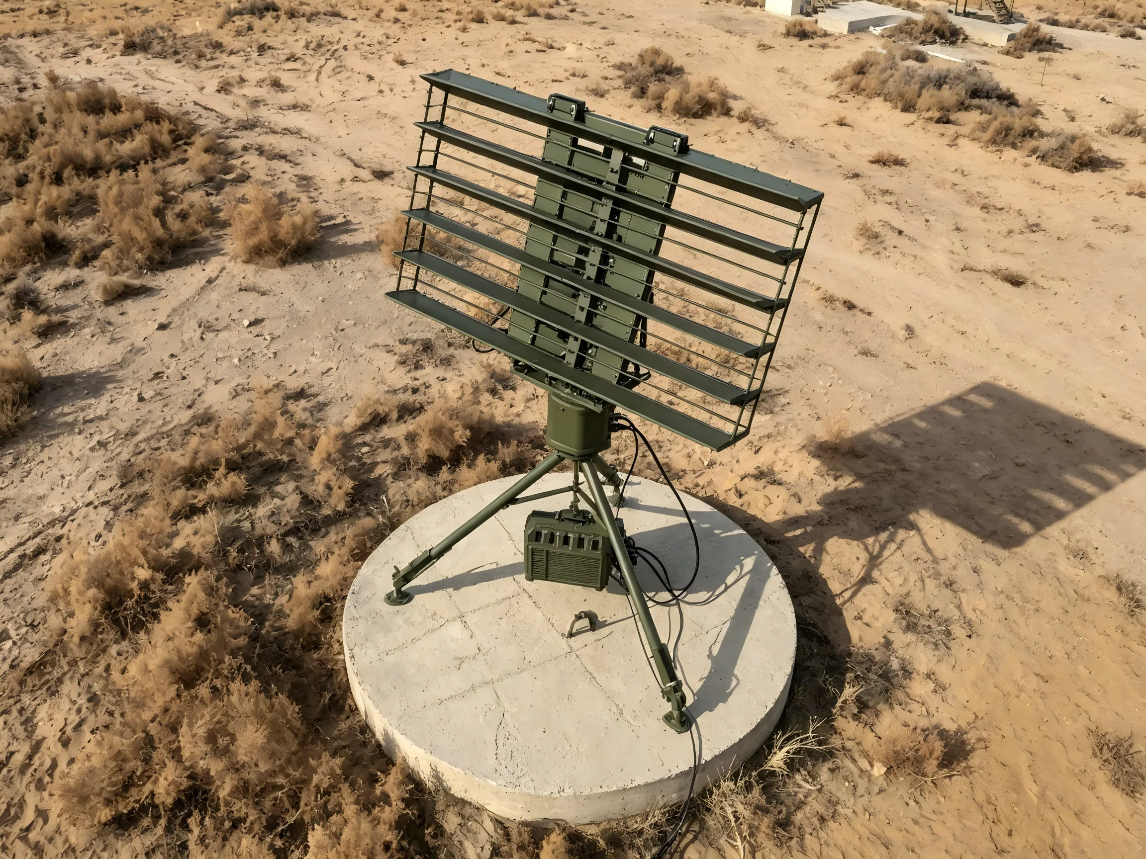Radar system deployed in a desert surveillance environment.