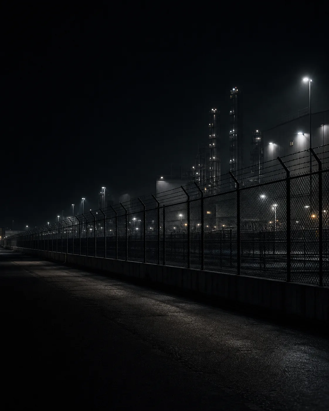 Conceptual critical-infrastructure perimeter at night