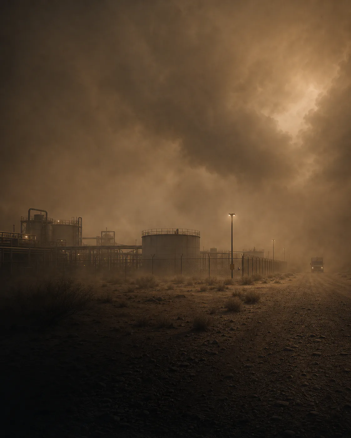 Conceptual desert industrial site during a sandstorm