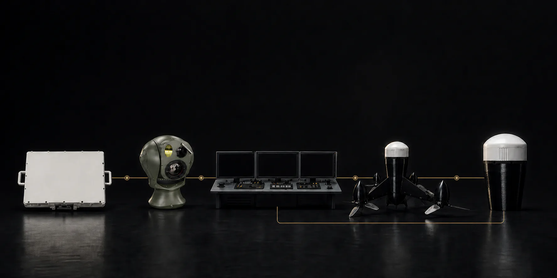 Conceptual ground radar, electro-optical sensor, command console, interceptor platform and airborne radar