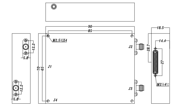 Mechanical dimension drawing of the 90 by 70 by 18.5 millimeter ultra-fast frequency-agile RF source module