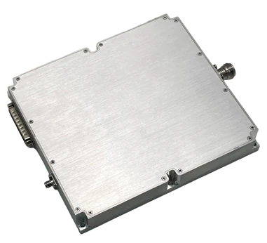 Product photograph of a low-profile silver Ku-band downlink amplifier module