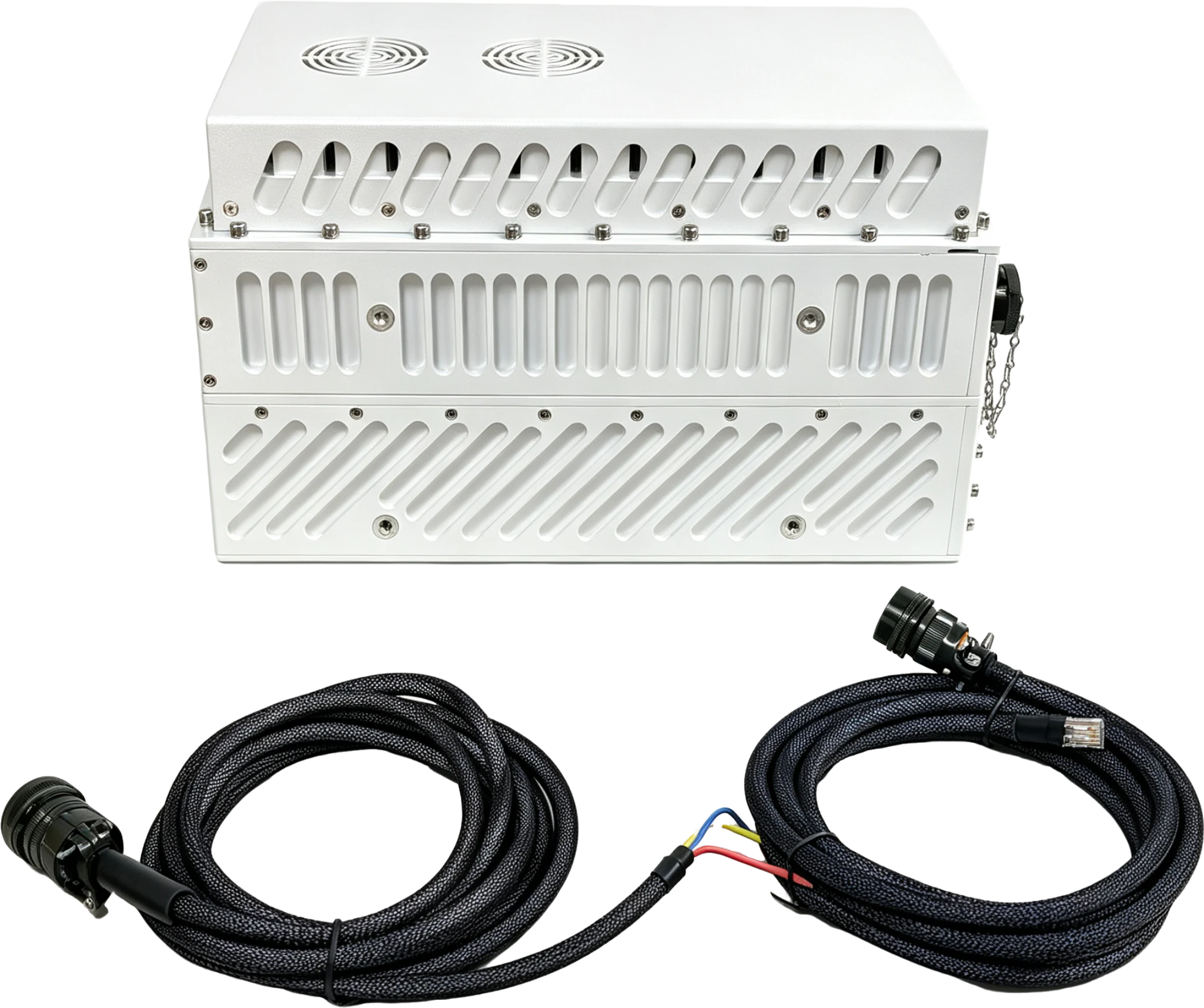 Product photograph of a white finned 250 W Ku-band uplink BUC