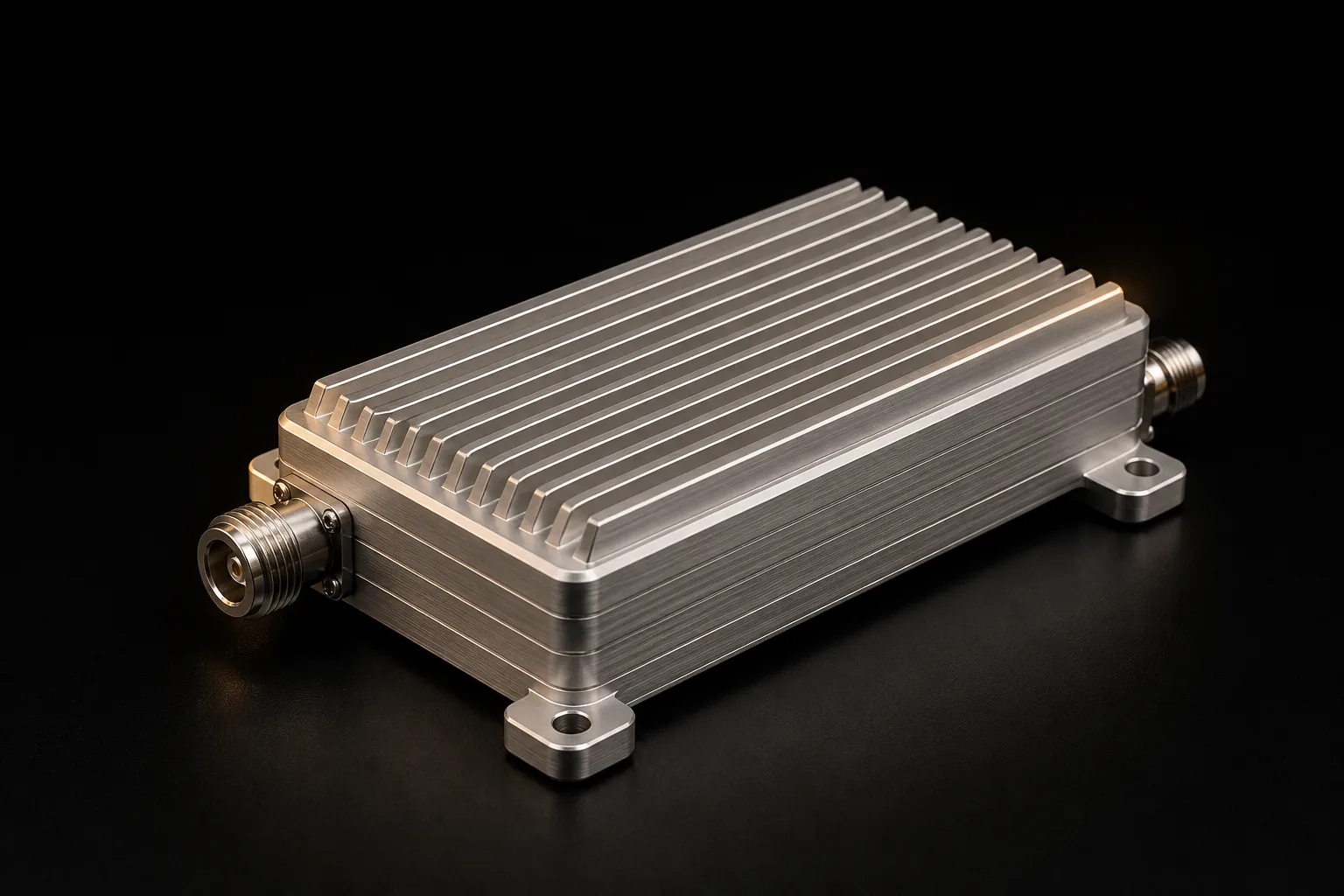 Concept visualization of a silver finned ultra-wideband RF amplifier module