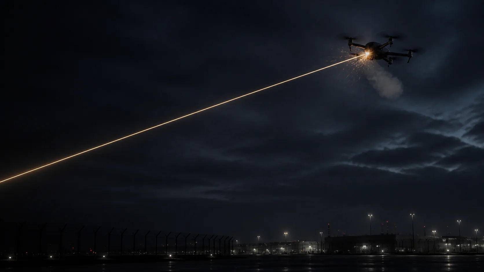 Illustration of a laser beam engaging an airborne drone